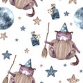 Halloween seamless pattern with black cat, moon, stars and elements Royalty Free Stock Photo