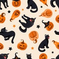 Halloween seamless pattern Black cat, witch hat, jack lantern, candy. On light beige background. Bright illustration in Royalty Free Stock Photo