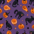 Halloween seamless pattern Black cat, witch hat, jack lantern, candy. On purple background. Bright illustration in Royalty Free Stock Photo