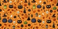 Halloween seamless pattern with black cats, pumpkins, witch hat, broom, cauldron, broomstick, pumpkin and autumn leaves Royalty Free Stock Photo