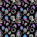 Halloween seamless pattern black grey pink and blue Royalty Free Stock Photo