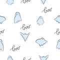 Halloween seamless pattern blue spooky ghosts on white backgrounds Minimal concept scary autumn for packaging or fabric