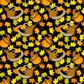 Halloween Seamless Pattern Broom Pumpkin Hat Maple