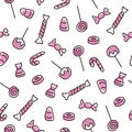 Halloween seamless pattern with candy. Doodle style with pink color. Line art pattern with sweets for Halloween. For Royalty Free Stock Photo