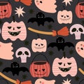 Halloween seamless pattern with cartoon pumpkins, bat, ghost, skull, decoration elements. Colorful vector flat style. holiday them