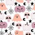 Halloween seamless pattern with cartoon pumpkins, ghost, skull, decoration elements. Colorful vector flat style. holiday theme. ha Royalty Free Stock Photo