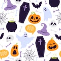 Halloween seamless pattern. Cartoon scary ghosts, orange pumpkins, bones, witch hat, coffin and skulls. Autumn spooky holiday Royalty Free Stock Photo