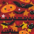 Halloween seamless pattern With Castle Pumpkin, stars, bats, night sky, Black yellow orange red burgundy. Vector Royalty Free Stock Photo