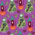 Halloween seamless pattern with cat, pumpkin, death, reaper