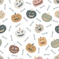 Halloween Seamless pattern with colorful pumpkins and bones. funny pumpkins with polka dots.