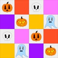 Halloween seamless pattern. Colorful spooky characters on bright plaid background. Pumpkins, ghost, human skull. Cartoon Royalty Free Stock Photo