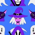 Halloween seamless pattern. Colorful spooky fantasy characters on blue background. Witch, cat, grim reaper, ghost Royalty Free Stock Photo