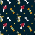 Halloween Seamless pattern with cute agaric and candy. Print with funny bone and star. Helloween background for fabric.
