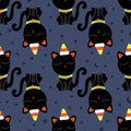 Halloween seamless pattern with cute black cat and corn candy Royalty Free Stock Photo