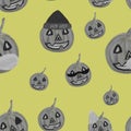 Halloween seamless pattern with cute black and white pumpkins on yellow background. Halloween jack-o-lanterns in accessories, hat, Royalty Free Stock Photo