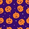 Halloween seamless pattern with cute cartoon pumpkin  on purple background. Easy to edit vector template for greeting card, banner Royalty Free Stock Photo