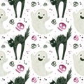Halloween seamless pattern with a cute ghost, purple skulls of a frightened black cat. Royalty Free Stock Photo