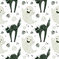 Halloween seamless pattern with a cute ghost, skulls of a frightened black cat. Royalty Free Stock Photo