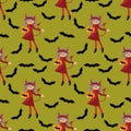 Halloween seamless pattern with cute girl in Halloween outfit of Devils and bat