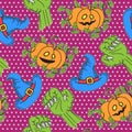 Halloween seamless pattern with cute pumpkin, zombie hands, wizard hat. Vector  trick or treat seamless background pop art Royalty Free Stock Photo