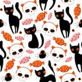 Halloween seamless pattern with cute pumpkins, black cat and other halloween elements. Halloween vector background. EPS Royalty Free Stock Photo