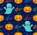 Halloween seamless pattern with cute pumpkins and spooks