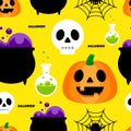 Halloween seamless pattern decorative with pumpkin, poison pot and skull