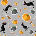 Halloween seamless pattern design with cat in witch hat, pumpkin, pot with a potion and broom