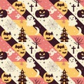 Halloween Seamless Pattern Design With Witch, Haunted House, Pumpkins or Bats in Template Hand Drawn Cartoon Flat Illustration Royalty Free Stock Photo