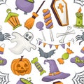Halloween seamless pattern design for wrapping, package, background. Cartoon style