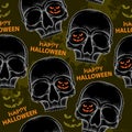 Halloween seamless pattern with dotted skulls in black and blots