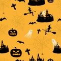 Halloween seamless pattern. Endless background with pumpkins, haunted house, ghosts, bats, witch, spiders and spider web. Vector