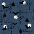 Halloween seamless pattern. Flat design. Dark endless background with the moon, crosses, trees for fabric, paper