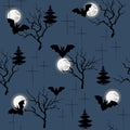 Halloween seamless pattern. Flat design. Dark endless background with the moon, crosses, trees for fabric, paper