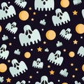 Halloween seamless pattern with flat icons on a black background. Royalty Free Stock Photo