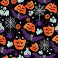 Halloween seamless pattern with flat icons on a black background. Vector illustration. Royalty Free Stock Photo