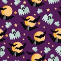 Halloween seamless pattern with flat icons on a purple background. Royalty Free Stock Photo