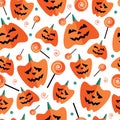 Halloween seamless pattern with flat icons on a white background. Royalty Free Stock Photo