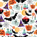 Halloween seamless pattern with flat icons on a white background. Royalty Free Stock Photo