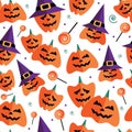 Halloween seamless pattern with flat icons on a white background. Royalty Free Stock Photo