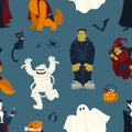 Halloween seamless pattern with funny scary magic characters on dark background - ghost, vampire, mummy, witch, black