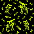 Halloween Seamless Pattern. Funny Skeleton, Skull And Bones. Vector Pattern With Dog Skeleton And Cat Skeleton On A