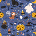 Halloween seamless pattern with funny spooky magic creatures and items on dark background - ghost, Jack-o`-lantern