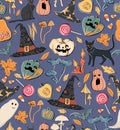 Halloween seamless pattern with ghost, mushroom, candle, candy, pumpkin and black cat, autumn leaves. Vintage style Royalty Free Stock Photo