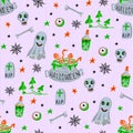Halloween seamless pattern with ghost, skull, poison