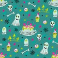 Halloween seamless pattern with ghost, skull, poison