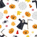 Halloween seamless pattern. Grim Reaper, Spider, scary pumpkin, cobweb, autumn yellow, orange fallen leaves, candies Royalty Free Stock Photo