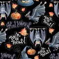 Halloween seamless pattern with halloween pumpkin and bat. Cute naive watercolor Royalty Free Stock Photo