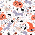 Halloween seamless pattern. Hand-drawn illustration with pumpkins, tombstone, skull, ghost, bat, hat, cat and etc. It can be used