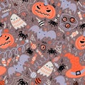 Halloween seamless pattern. Hand-drawn illustration with pumpkins, tombstone, skull, ghost, bat, hat, cat and etc. It can be used